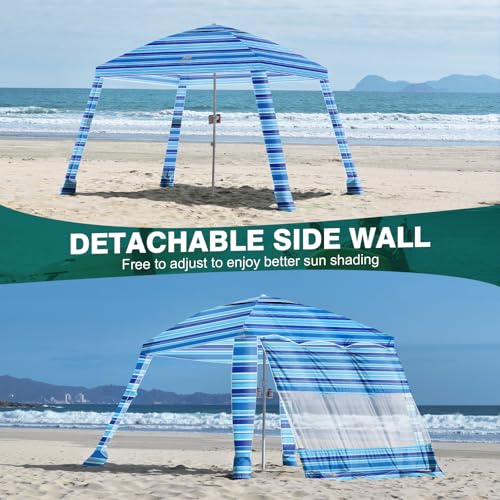 Rhino Valley Beach Cabana, 8 * 8FT Beach Tent UPF50+ Protection, Easy Setup Beach Canopy Wind Resistant with Cup Holder, Compact Beach Shade Foldable Beach Tent Sun Shelter, Blue Four Stripes - color: Blue Four Stripes