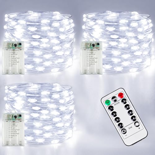 3 Pack Fairy Lights Battery Operated with Remote Control Timer, 26 FT 80 LED String Lights Outdoor Indoor, 8 Mode Twinkle Lights for Christmas Party Wedding Birthday Bedroom Décor (Cool White) - color: Cool White, size: 3 Pack 80led