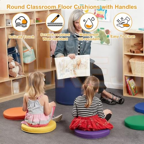 Round Floor Cushions, 2 inchs Thick Round Floor Pillow with Handle, Outdoor Waterproof Leather Seat Cushion, Flexible Seating for Classroom Elementary, Daycare, Preschool, Playroom, 35CM, Black - color: Black, size: 13.78inchs