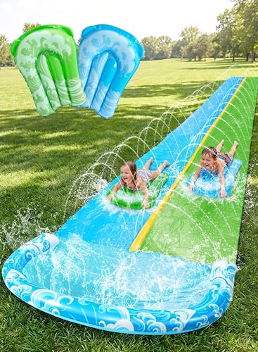JOYIN 22.5FT Water Slide and 2 Inflatable Boards, Extra Long Heavy Duty Double Lawn Waterslide with Sprinkler for Kids Adults Backyard Summer Water Toy Outdoor Fun, Blue, Green - color: Blue, Green, size: 22.5ft