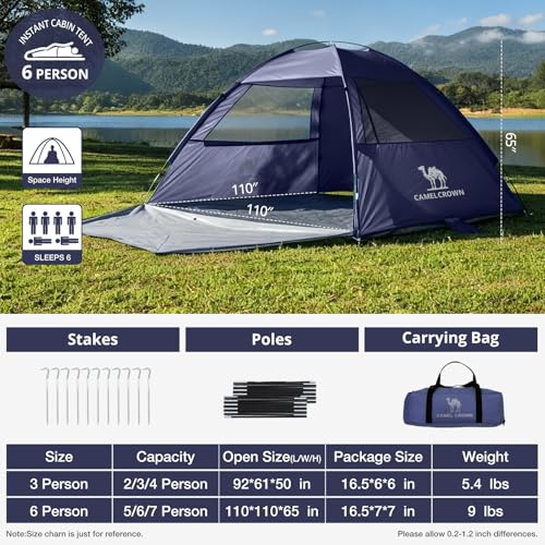 CAMEL CROWN Beach Tent UPF 50+ Sun Shelter for 2/3/5/6 Person, Lightweight Portable Sun Shade with Sand Anchor, Family Beach Day & Outdoor Adventures - color: Navy Blue, size: 5/6 Person