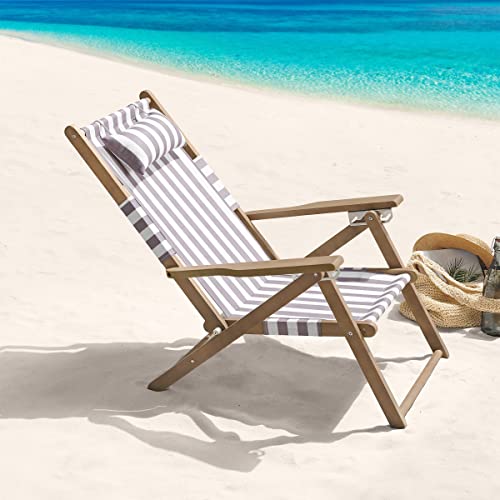 Lavish Home Beach Chair - Outdoor Weather-Resistant Wood Folding Chair with Backpack Straps - 4-Position Reclining Seat - Beach Essentials (Taupe Stripe) - color: Taupe Stripe, style: Set of 1