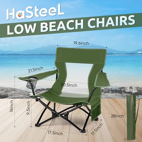HaSteeL Folding Beach Chair Set of 2, Foldable Green Camping Chairs for Outside, Low Beach Chair Portable for Adults Fishing, Picnic, Outdoor BBQ, Travel, Sports, Cup Holder & Storage Bag - color: Green Chairs