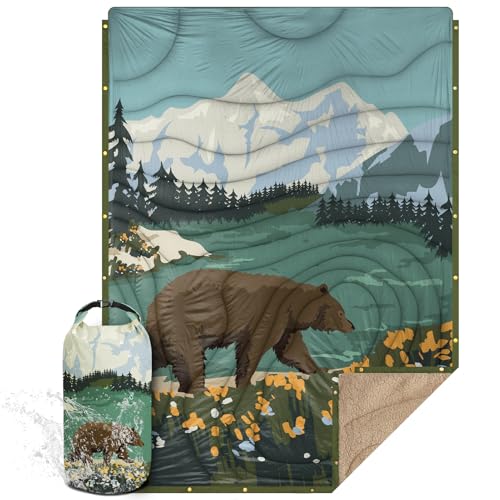 Outdoor Camping Blanket with Sherpa Lining, Extra Warm Thick Camp Blankets and Puffy Ultralight Soft Poncho DWR Camping Quilt for Cold Weather, Adventure, Sleeping, Backpacking 78"x 56" - color: Haze Blue, size: 78 x 56 inches