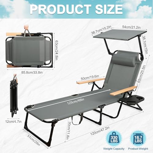 Outdoor Chaise Lounge Chair with 4-Position Adjustable Backrest,Patio Folding Sun Tanning Chair,Pillow & Cup Holder,Portable Recliner Sunbathing Lounger Chairs for Beach Garden (Grey with Shade) - color: Grey With Shade