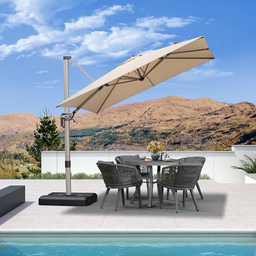 PURPLE LEAF 8’ X 8‘ Patio Umbrella Outdoor Cantilever Umbrella, Aluminum Offset Umbrella with Champagne Frame and 360° Rotation for Pool Deck Garden, Beige - color: Beige, size: 8' x 8'
