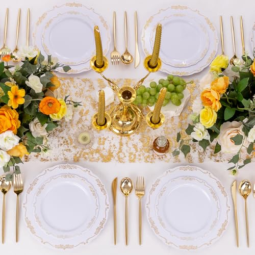 U-QE 100PCS Gold Plates Disposable - Heavy Duty White and Gold Plates Including 50PCS 10'' Dinner & 50PCS 7.5'' Dessert Plates Perfect for Upscale Party, Wedding - color: White Gold
