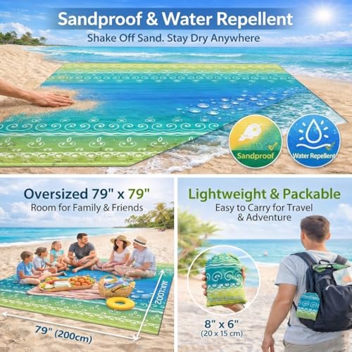Oversized Beach Blanket (79" x 79") - Sandproof & Waterproof Outdoor Picnic Mat for 4-7 Adults - Lightweight, Foldable & Portable Ground Cover for Travel, Camping, Festivals - color: Blue Lime Ripple