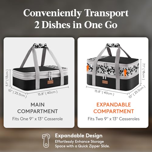 Lifewit Insulated Double Decker Casserole Carrier, Expandable Lasagna Lugger Tote Bag for Hot or Cold Food, Fits 9" x 13" Baking Dish for Potluck Parties, Picnic and Cookouts, Black-Flowers - color: Black-Flowers