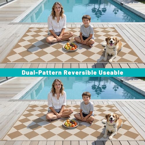 HEBE Checkered Outdoor Rug Waterproof 5x8, Reversible Plastic Straw Rug RV Camping Rug, Indoor Outdoor Patio Mat Clearance, Outside Carpet for Porch,Deck,Camper,Balcony,Backyard,Picnic - color: Beige/Brown, size: 5' x 8' (Rectangular)