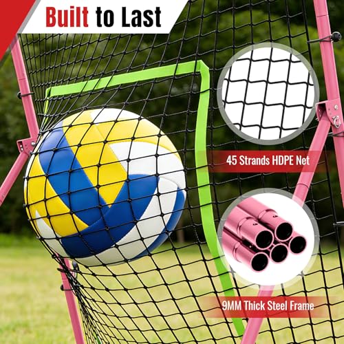 Suteck 7x4ft Volleyball Rebounder Net 2-Net System, 5-Angle Adjustable & Ultra-Durable Trainer for Spike, Serve, Passing & Solo Practice, Includes Storage Bag for Easy Travel & Portability - color: Pink