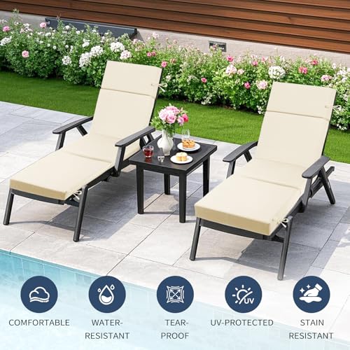 2 Pcs Outdoor Chaise Lounge Cushion 72" x 21" x 3", 4-Section Folding Patio Lounge Chair Cushion with Ties, Waterproof & Fade Resistant Replacement Cushion for Pool, Patio, Deck (Beige, 2 Pcs) - color: Beige, size: 2 Pcs