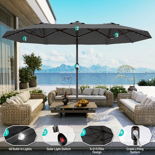 AreShark 13 FT Patio Umbrella with Solar Lights, Double-Sided Outdoor Table Umbrellas with Crank, Large Rectangular Market Umbrella for Porch, Lawn, Pool, Backyard, Gray - color: Gray, size: 6.5x13 Ft