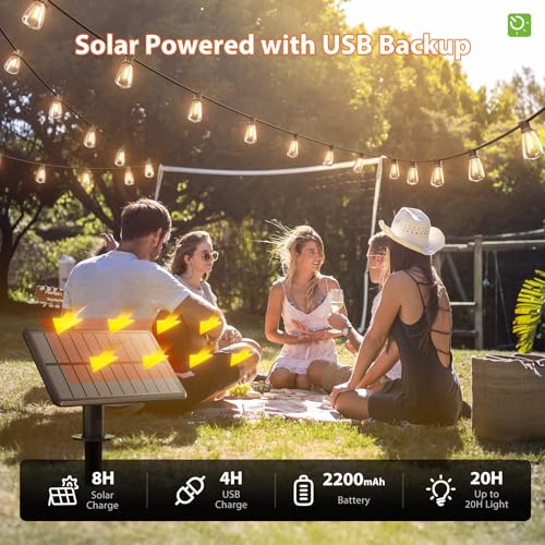 KYY 54FT Solar String Lights Outdoor Waterproof with USB Charging & Remote, Dimmable & Timable, Solar Powered Patio Lights with LED Shatterproof Bulbs for Deck Backyard Porch Garden Camping - size: 48+6FT(16 Sockets)