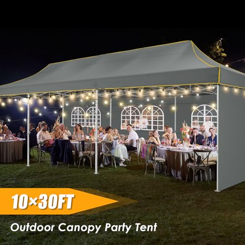 HOTEEL 10x30 Heavy Duty Pop Up Canopy Tent with 5 Sidewalls&Wheeled Bag, Commercial Event Party Tent Wedding Instant Canopy Waterproof, Upgraded Thicked Hexagonal Legs, UV 50+, Gray - color: Gray, size: 10x30FT (+5 Walls)