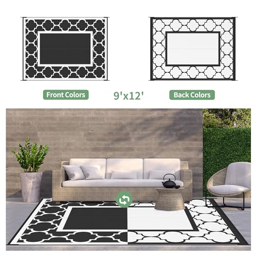 GENIMO 9 ' x 12 ' Outdoor Rug for Patio Clearance, Waterproof Indoor Outdoor Plastic Straw Rugs Carpet, Reversible Outside Area Rv Mat for Camping, Balcony Porch, Deck, Picnic, Beach (Black & White) - color: Black&white, size: 9' x 12' (Rectangular)