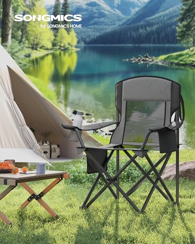 SONGMICS Camping Chair, Folding Oversized Chair, Comfortable and Heavy-Duty, 352 lb Weight Capacity, Adjustable Armrests with Cooler Bag, Storage Bag, Breathable Mesh, Slate Gray UGCB060G01 - color: Grey, style: 1PC (24.8"D x 37"W x 38.6"H)