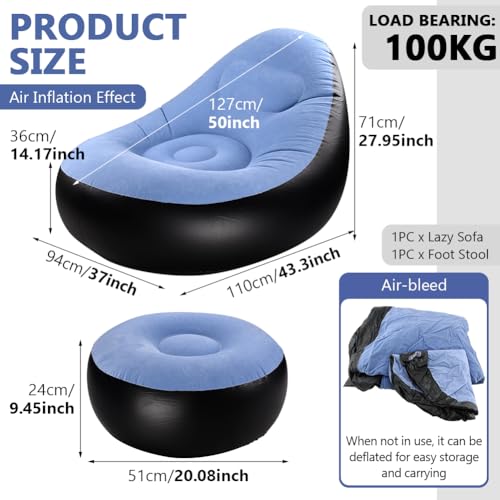Inflatable Lounge Chair for Adults, Portable Folding Inflatable Blow Up Couch with Foot Stool, Lazy Flocking Recliner Chair Air Sofa for Indoor Outdoor Travel Camping (No Pump)