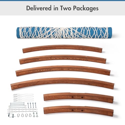 ANOW 13.5FT Curved Wood Stand with Double Rope Hammock, Heavy Duty Larch Wood Arc Stand with 2 Chains, 4 Balance Ropes and 4 Carabiners, Includes Blue Hammock with Spreader Bars - color: Blue