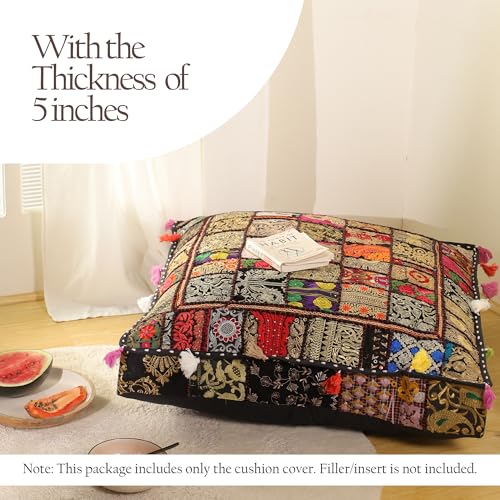 THE ART BOX Cotton Patchwork Vintage Boho Embroidered Floor Pillows & Cushion Cover Dog Pouf Seating Pouf Meditation Pillow Pet Bedding Cat Bed Boho Home Décor (35x35 Inches, Cover Only) - color: Black