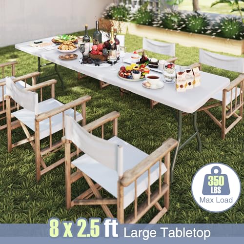 Goplus 8ft Plastic Folding Table, 350 LBS Outdoor Heavy Duty Folding Tables with HDPE Tabletop, Handle, Lock, Foldable Rectangle Portable Utility Card Table for Picnic, Party, Camping, Dining - color: White, size: 96.5" x 29" 29.5"