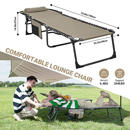 KingCamp Lounge Chair Outdoor, Folding Portable Tanning Chairs Comfy Adjustable 5-Position Lay Flat Foldable Chaise Chaser Lounger with Pillow for Outside Beach Patio Sun Bathing Pool, Beige - color: A*trifold Origins——beige, style: oversized