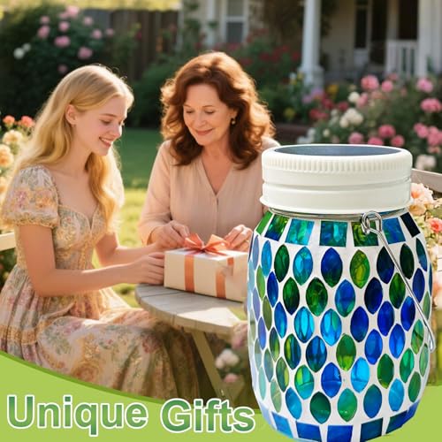 Mosaic Garden Decor Solar Outdoor Hanging Lights,Solar Mosaic Lanterns Christmas Gifts for Women Mom Grandma Halloween and Garden,Patio,Pathway & Yard Décor (Bule) - color: bule