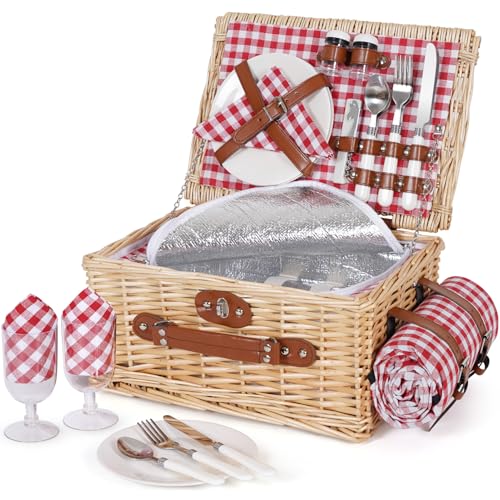 HappyPicnic Picnic Basket Set for 2 - Wicker Picnic Basket with Waterproof Blanket & Insulated Liner, Large Handmade Willow Hamper with Cutlery Kit for Outdoor, Picnic, Camping, Party, Holidays (Red) - color: Red Check