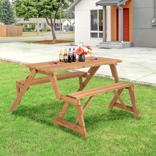 GYMAX Picnic Table, 2 in 1 Convertible Picnic Bench Table Set, Transforming Interchangeable Wooden Picnic Table with Umbrella Hole, Collapsible Outdoor Patio Dining Table Garden Bench