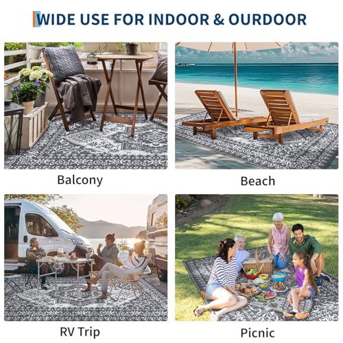 GarveeLife Waterproof Outdoor Rug 9x12 Reversible Patio Rugs Plastic Straw Mat, Large Vintage Medallion Carpet, Indoor Outdoor RV Mat for Deck, Balcony, Camping, Beach, Picnic, Grey and White - color: Medallion|grey&white, size: 9' x 12' (Rectangular)