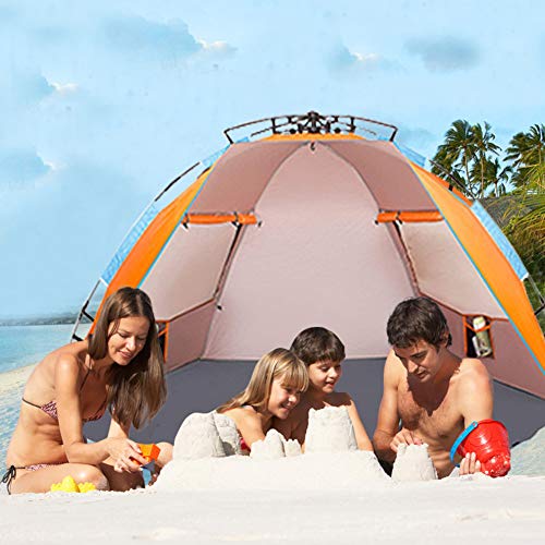Oileus X-Large 4 Person Beach Tent Sun Shelter - Portable Sun Shade Instant Tent for Beach with Carrying Bag, Stakes, 6 Sand Pockets, Anti UV for Fishing Hiking Camping, Waterproof Windproof, Orange - color: Orange