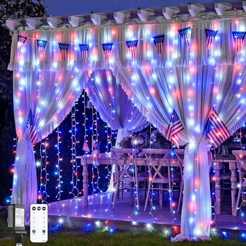 JMEXSUSS 300LED Red White and Blue Lights with Remote, 4th of July Lights Plug in, Patriots Curtain Hanging String Lights for Bedroom Wall Window Backdrop Indoor Outdoor 4th of July Decor, 9.8x9.8ft - color: Red White and Blue, size: 300 LED