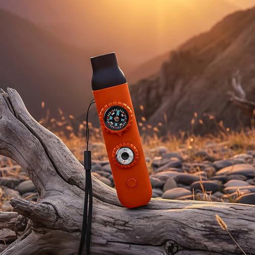 Multifunctional Survival Emergency Whistle for Kids with Compass Hiking Survival, Thermometer & Neck Lanyard | Emergency Safety Gear for Hiking, Camping, Kayaking, Boating, Climbing - color: orange red