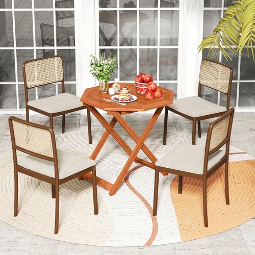 Tangkula 32-Inch Octagon Folding Outdoor Dining Table, Wood Patio Bistro Table with 2" Umbrella Hole and Slatted Tabletop, Outside Table for Garden, Yard, Porch, Teak Oil Finish, No Assembly Required - size: 32"
