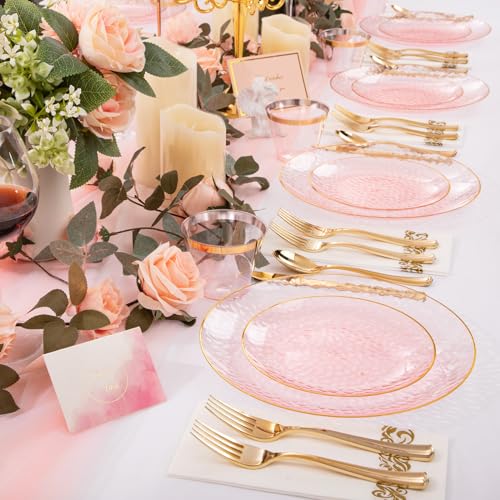 DaYammi 175 Pcs Pink Plastic Plates Dinnerware Set (25 Guests), Pink Disposable Plates, Hammered Party Platos Set Include Dinner Platos, Dessert Plates, Cups, Cutlery for Mother's Day Party - color: Clear Pink, size: 175 Pcs