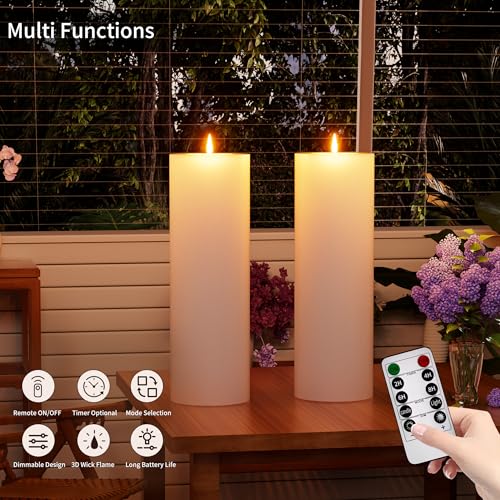 BUTHY 12" x 4" Large Outdoor Candles with Timer Waterproof Flickering LED Flameless Candles Battery Operated with Remote Fake Pillar Candles Realistic for Patio Porch Lanterns, White 2 Pack - color: White, size: 12in-2Pack