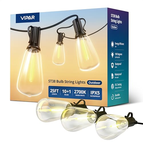 VIPAR Outdoor String Lights 25FT LED Patio Lights IPX5 Waterproof with 10+1 ST38 Shatterproof Edison Bulbs, 2700K Connectable Outside Hanging Light for Porch, Garden, Backyard, Deck, Balcony, Decor - size: 25FT