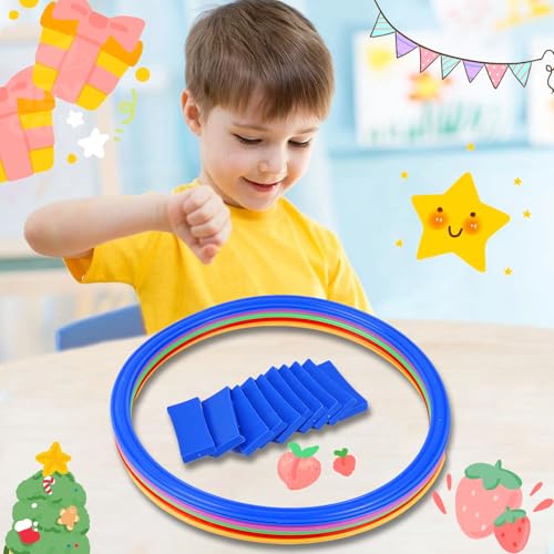 2 in 1 Hopscotch and Bean Bag Toss Set, Hopscotch Ring Game, Bean Bag Toss Game,10 Multi-Colored Plastic Rings and 10 Connectors for Indoor Outdoor Balance Agility Training Obstacle Course
