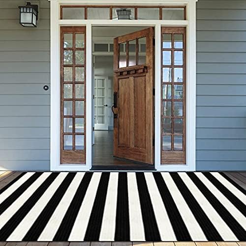 LEEVAN Outdoor Rug 5x8 Black and White Patio Decor, Cotton Washable Indoor Outdoor Doormat, Farmhouse Woven Porch Front Door Mat Reversible Foldable Rug Layered Door Mat for Porch/Front Door/Entrance - color: Black and White Stripes, size: 5' x 7'6" (Rect