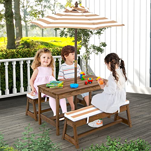 KOTEK Kids Picnic Table with Umbrella Foldable, Backyard Wooden Table & Bench Set w/Removable Cushions, Activity Art Play Table, Indoor Outdoor Toddler Picnic Table for Patio, Lawn & Garden (Brown) - color: Brown