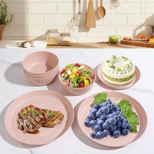 EI 12pcs Pink Wheat Straw Plates,Wheat Straw Dinnerware Set for 4,Plates and Bowls Sets,Plastic Plate Reusable,Unbreakable Plastic Plate Melamine,Camping Family Dishes Set - color: Pink Wheat Straw Plates and Bowls