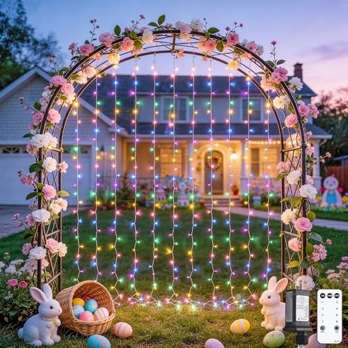 JMEXSUSS 300LED Easter Decorations Curtain Lights with Remote, 9.8x9.8ft Easter Sting Lights Plug in for Bedroom Wall Window Party Backdrop Porch Patio Garden Yard Indoor Outdoor Decor - color: Easter Color, size: 300 LED