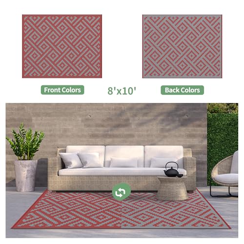 GENIMO Outdoor Rug for Patio Clearance, 8'x10' Reversible Plastic Straw Rugs, Lightweight Waterproof RV Camping Mat for Camper, Balcony, Deck, Backyard, Picnic, Red Grey - color: Red & Grey, size: 8' X 10' (Rectangular)