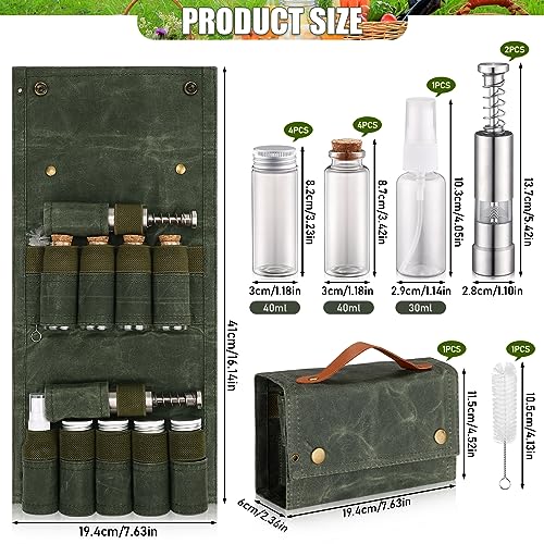 TOBWOLF Portable Spice Bag for Travel, Camping Spice Kit with 8 Jars, 2 Salt/Pepper Grinders, 1 Oil Spray, Foldable Canvas Seasoning Storage Bag, Condiment Container Set for Outdoor Picnic BBQ - Green - color: Green
