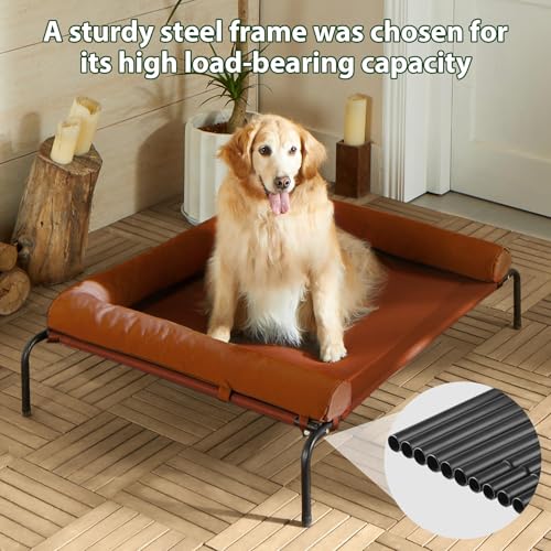 RRPETHOME Large Elevated Cooling Dog Bed,Raised Cots Beds,Outdoor Dog Bed,Chew Proof Portable Cooling Pet Cot Skid-Resistant Feet,Frame with Breathable Mesh - color: light caramel, size: 36.0"L x 26.0"W x 8.0"Th