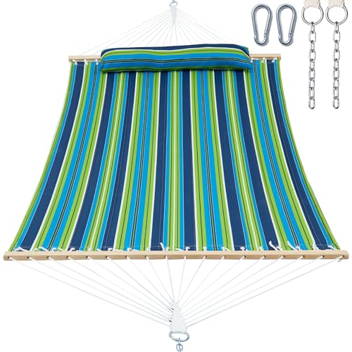 GAFETE Hammock 2 Person Quilted Fabric Hammocks for Outside, Double 12ft Hammocks with Spreader Bar, Large Removable Pillow, Storage Bag, Carabiners, Max 475 lbs Capacity (Garden) - color: Garden