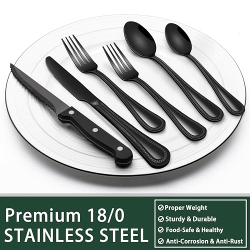 EWFEN 24-Piece Black Silverware Set with Steak Knives, Black Flatware Set for 4, Food-Grade Stainless Steel Tableware Cutlery Set, Mirror Finished Utensil Sets for Home Restaurant, Pearled Edge - style: Pearled Edge