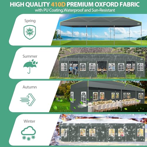 COBIZI 10x30 Pop Up Canopy Tent with Sidewalls One Push Outdoor Wedding Event Tent UPF 50+ Waterproof Gazebo with Air Vent, Tents for Party, Wheeled Bag, Sandbag, Stake, Rope, Grey - color: Grey(1-year warranty), size: 10x30