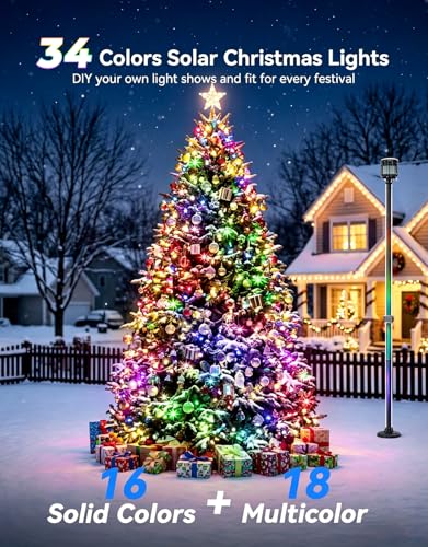 LitHome 34 Colors Solar String Lights Outdoor with Remote, 33FT 100 LED Solar & USB Powered Christmas String Lights, Waterproof Color Changing Light for Garden Patio Yard Tree Fence Decor