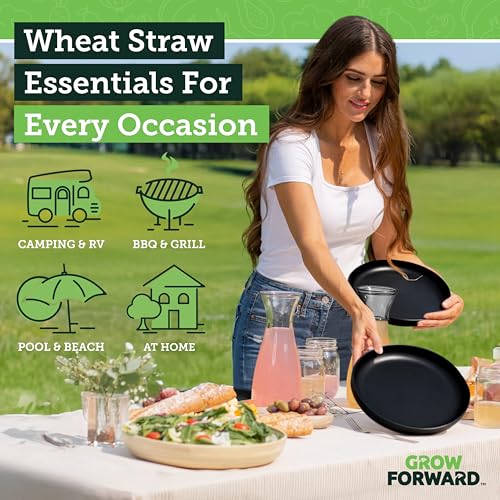 Grow Forward Premium Wheat Straw Plates and Bowls Sets - 8-Piece Wheat Straw Dinnerware Sets - Unbreakable & Reusable Microwave Safe Plastic Dinner Plates for Outdoors, RV, Camping Dishes - Midnight - color: Midnight Black
